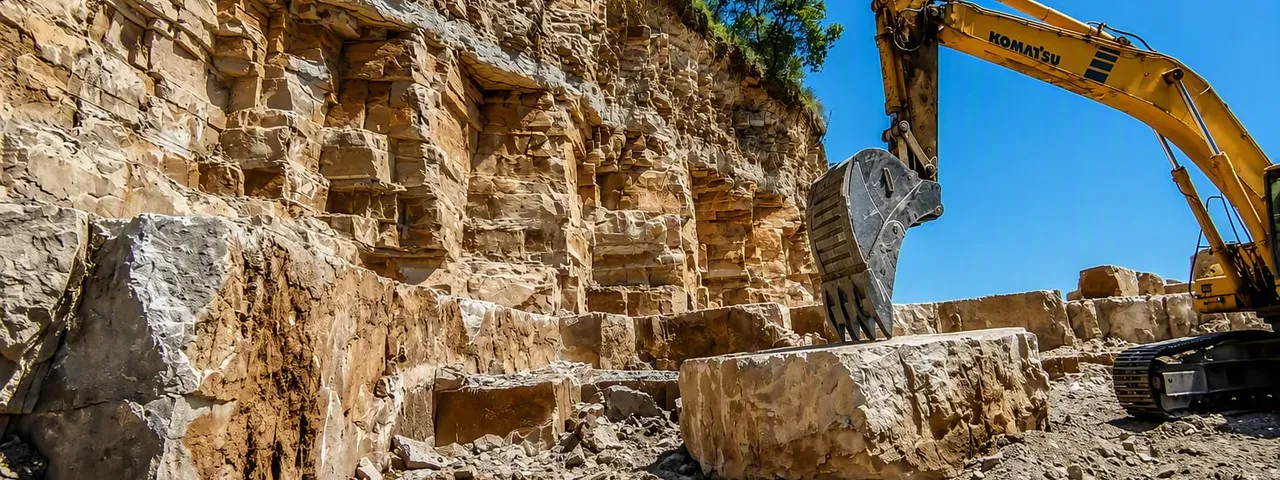 Estrazione di un blocco di arenaria dal fronte cava